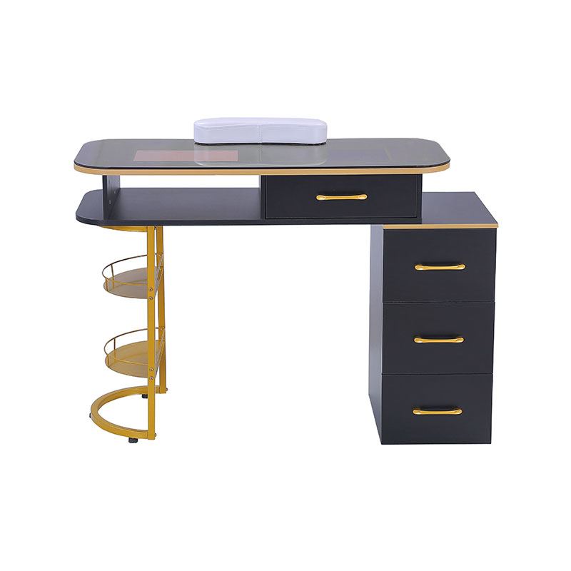 HZ2055 / HZ2055B Stół do manicure ze szklanym blatem, biurko do paznokci z 4 szufladami i 2-poziomowymi półkami do przechowywania